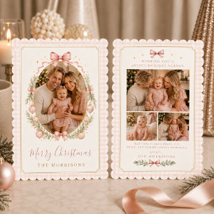 Vintage Photo Pink Bow Gingham Christmas Family Holiday Card