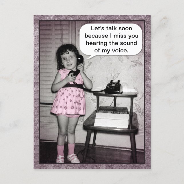 Vintage Photo Talk Soon Telephone Girl Humor Postcard (Front)