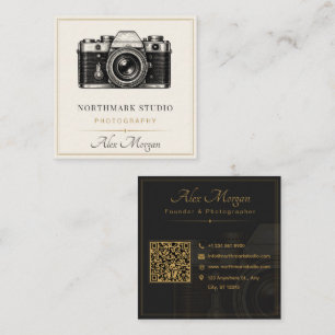 Vintage Photographer Luxury Gold Camera QR Code Square Business Card