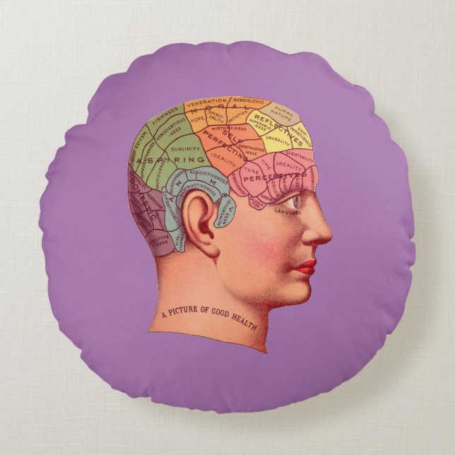 Vintage Phrenology Head Mind Brain Map Round Pillow (Front)
