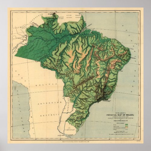Vintage Physical Map of Brazil Poster