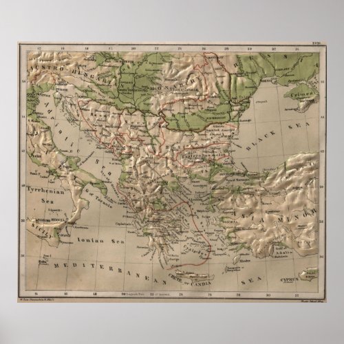 Vintage Physical Map of Greece 1880 Poster