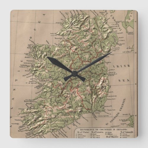 Vintage Physical Map of Ireland 1880 Square Wall Clock