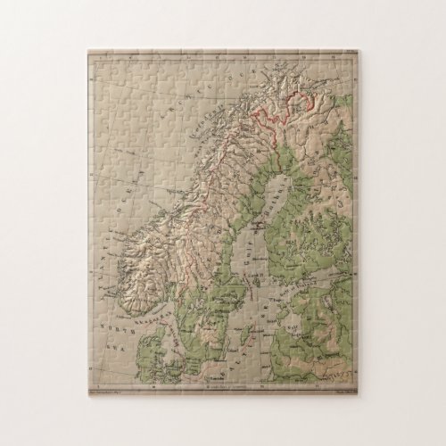 Vintage Physical Map of Norway and Sweden 1880 Jigsaw Puzzle