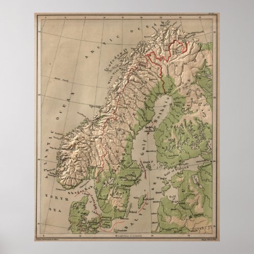 Vintage Physical Map of Norway and Sweden 1880 Poster