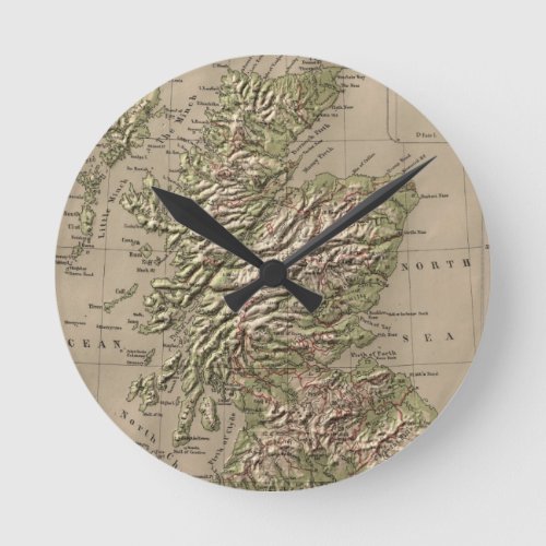 Vintage Physical Map of Scotland 1880 Round Clock