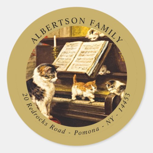 Vintage Piano Lesson Mother Cat Cute Kittens Classic Round Sticker