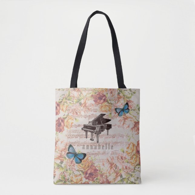 Vintage Piano Roses Butterflies Victorian Tote Bag (Front)