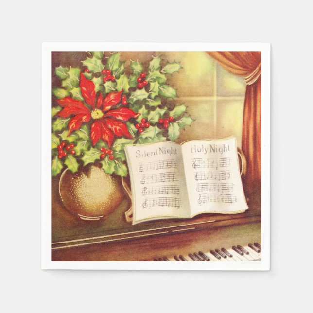 Vintage Piano, Silent Night Pointsettia Christmas Napkins (Front)