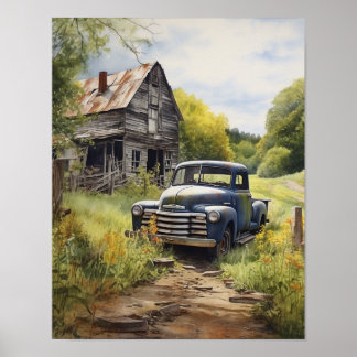 Vintage pick up truck by country barn water color poster