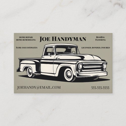 Vintage Pick Up Truck on Beige Handyman Service Business Card