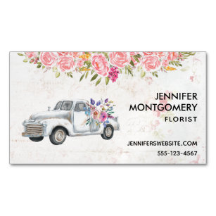 Vintage Pickup Truck & Flowers Rustic Watercolor Business Card Magnet