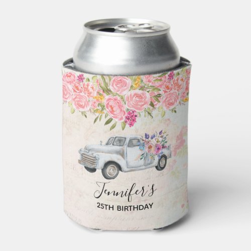 Vintage Pickup Truck Rustic Watercolor Birthday Can Cooler