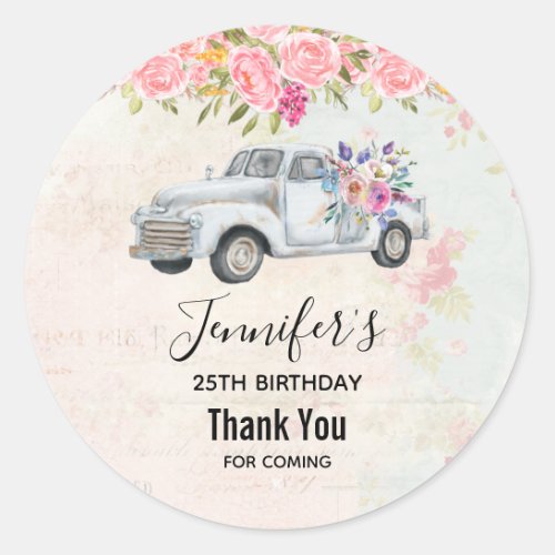 Vintage Pickup Truck Rustic Watercolor Birthday Classic Round Sticker