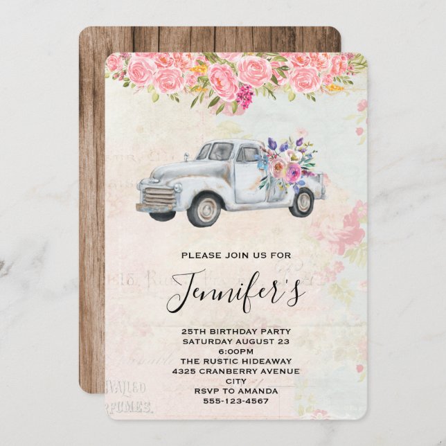 Vintage Pickup Truck Rustic Watercolor Birthday Invitation (Front/Back)
