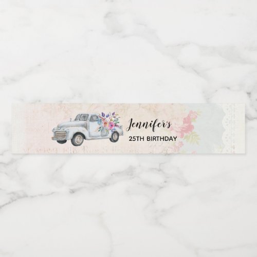 Vintage Pickup Truck Rustic Watercolor Birthday Water Bottle Label