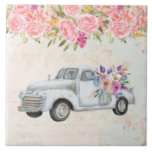 Vintage Pickup Truck Rustic Watercolor Ceramic Tile
