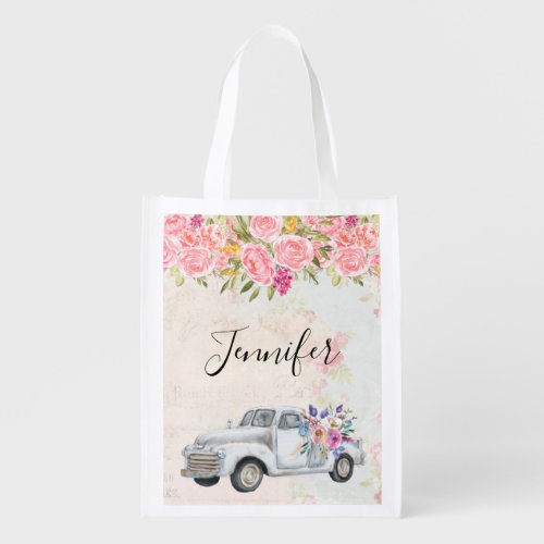 Vintage Pickup Truck Rustic Watercolor Grocery Bag