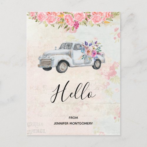 Vintage Pickup Truck Rustic Watercolor Hello Postcard