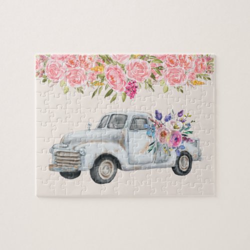 Vintage Pickup Truck Rustic Watercolor Jigsaw Puzzle