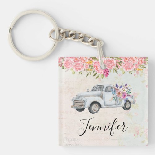 Vintage Pickup Truck Rustic Watercolor Keychain