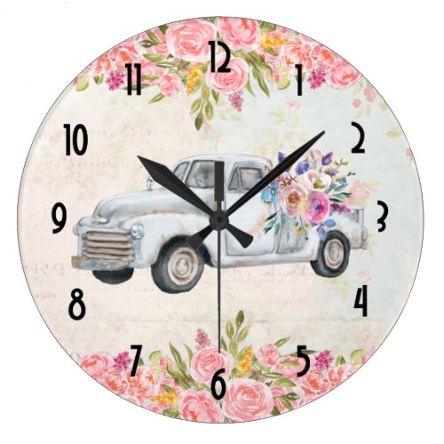Vintage Pickup Truck Rustic Watercolor Large Clock