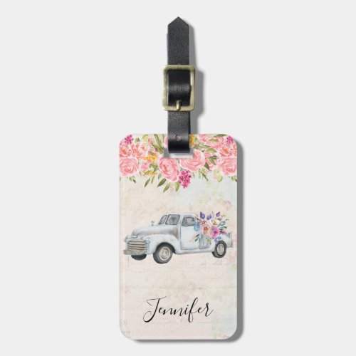 Vintage Pickup Truck Rustic Watercolor Luggage Tag