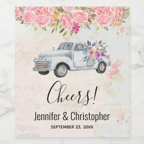 Vintage Pickup Truck Rustic Watercolor Wedding Wine Label