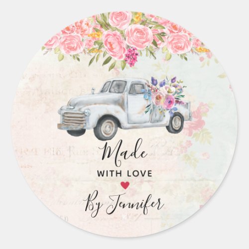 Vintage Pickup Truck Watercolor Made with Love Classic Round Sticker