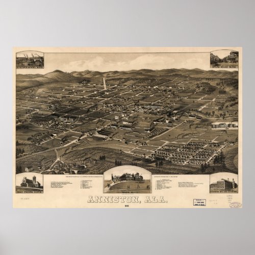 Vintage Pictorial Map of Anniston Alabama 1887 Poster