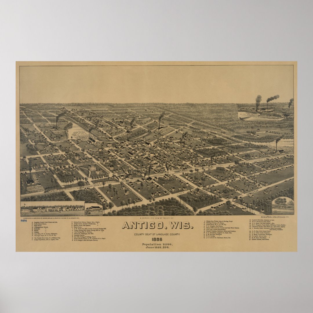 Vintage Pictorial Map of Antigo WI (1886) Poster | Zazzle