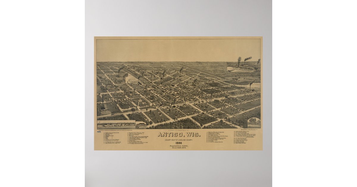 Vintage Pictorial Map of Antigo WI (1886) Poster | Zazzle