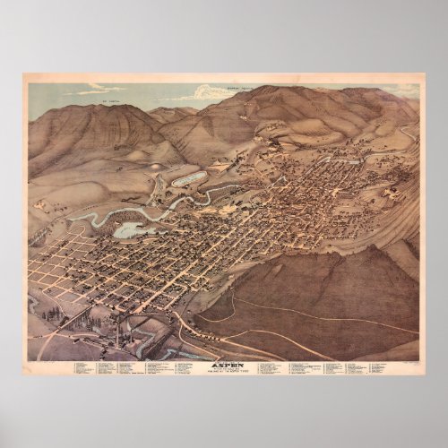 Vintage Pictorial Map of Aspen CO 1893 Poster