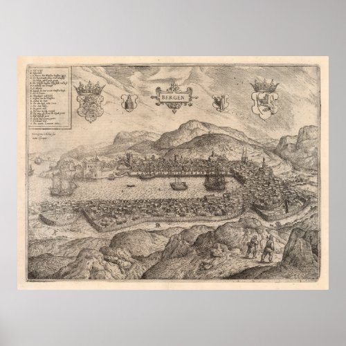 Vintage Pictorial Map of Bergen Norway 1588 Poster