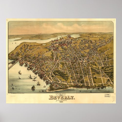 Vintage Pictorial Map of Beverly MA 1886 Poster