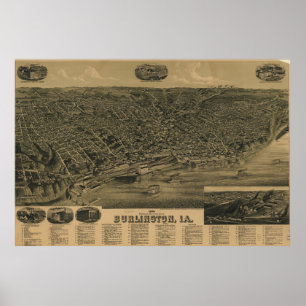 Vintage Pictorial Map of Burlington Iowa (1889) Poster