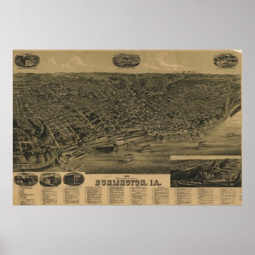 Vintage Pictorial Map of Burlington Iowa 1889 Poster