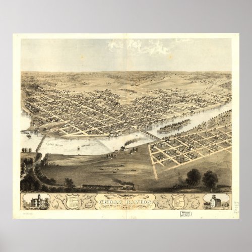Vintage Pictorial Map of Cedar Rapids Iowa 1868 Poster