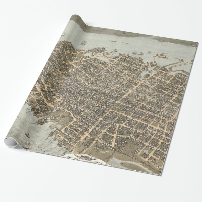 Vintage Pictorial Map of Charleston (1872) Wrapping Paper (Unrolled)