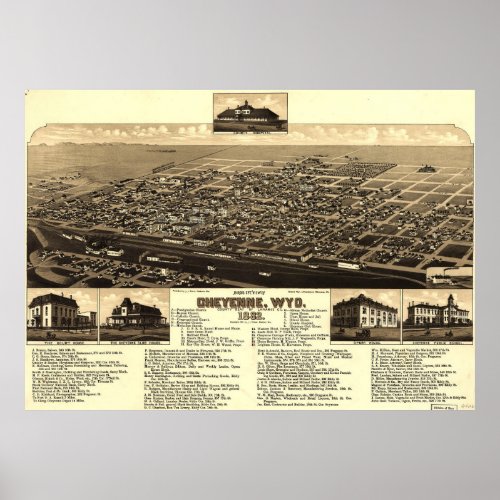 Vintage Pictorial Map of Cheyenne Wyoming 1882 Poster