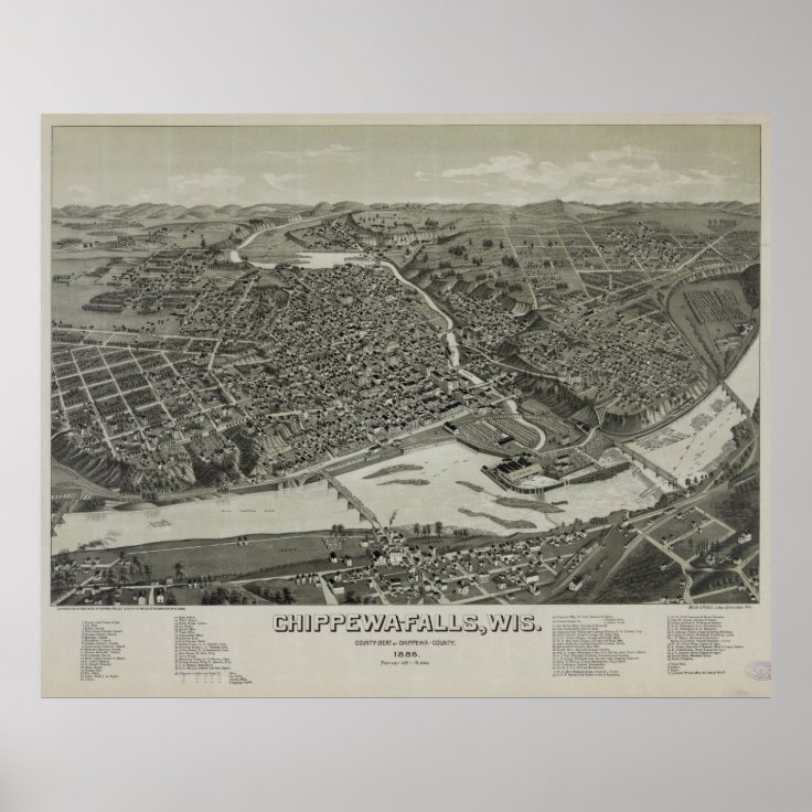 Vintage Pictorial Map of Chippewa Falls WI (1886) Poster Zazzle