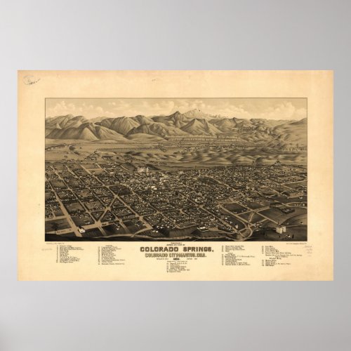 Vintage Pictorial Map of Colorado Springs 1882 Poster