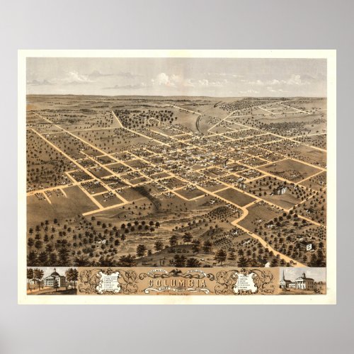 Vintage Pictorial Map of Columbia MO 1869 Poster
