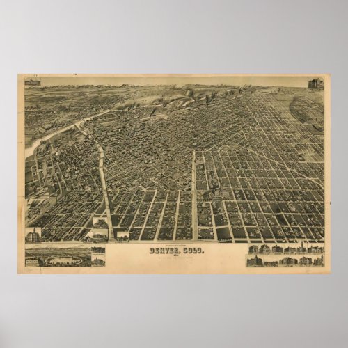 Vintage Pictorial Map of Denver CO 1889 Poster