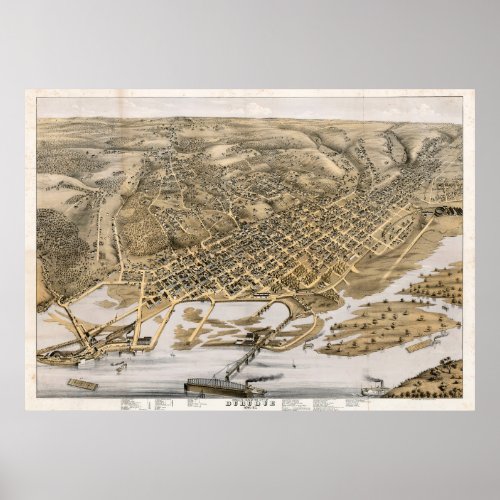 Vintage Pictorial Map of Dubuque IA 1872 Poster