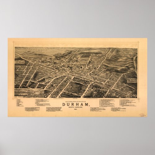 Vintage Pictorial Map of Durham NC 1891 Poster