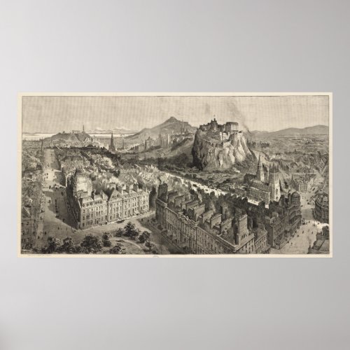 Vintage Pictorial Map of Edinburgh Scotland 1886 Poster