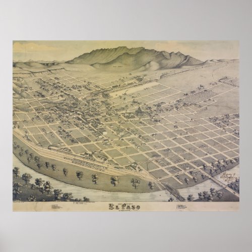 Vintage Pictorial Map of El Paso Texas 1886 Poster