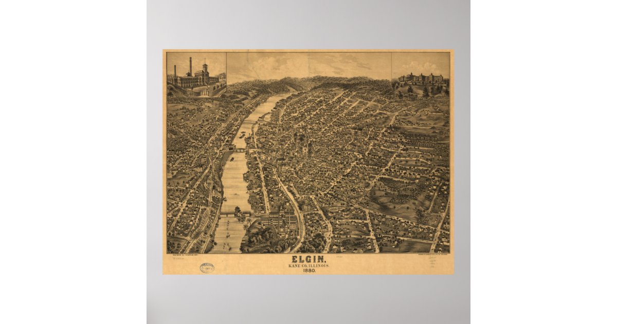 Vintage Pictorial Map of Elgin  Illinois  1880 Poster 