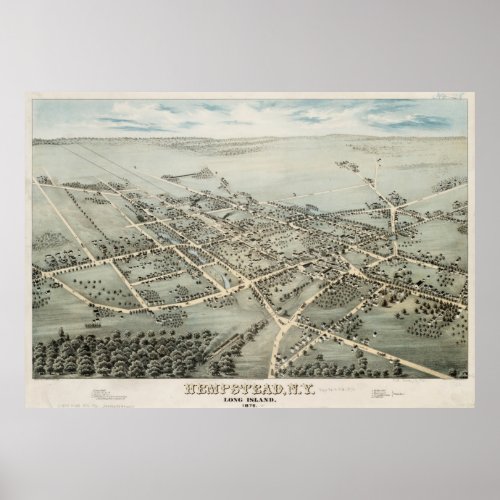 Vintage Pictorial Map of Hempstead NY 1876 Poster